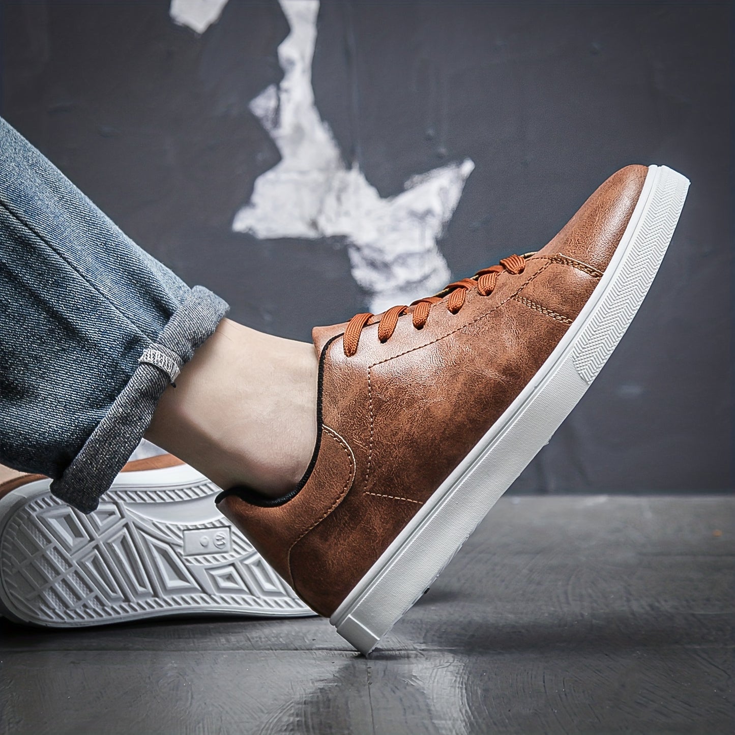 Breathable PU Leather Skate Shoes - Men's Lace-up Sneakers with Good Traction