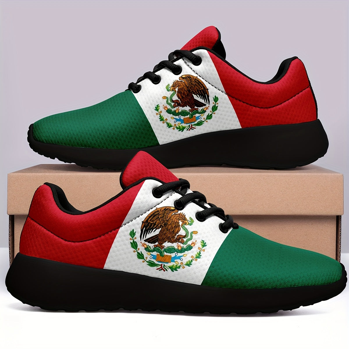 Mexico National Flag Pattern Sneakers - Plus Size Men's Casual Soft Sole Lace-Up Shoes