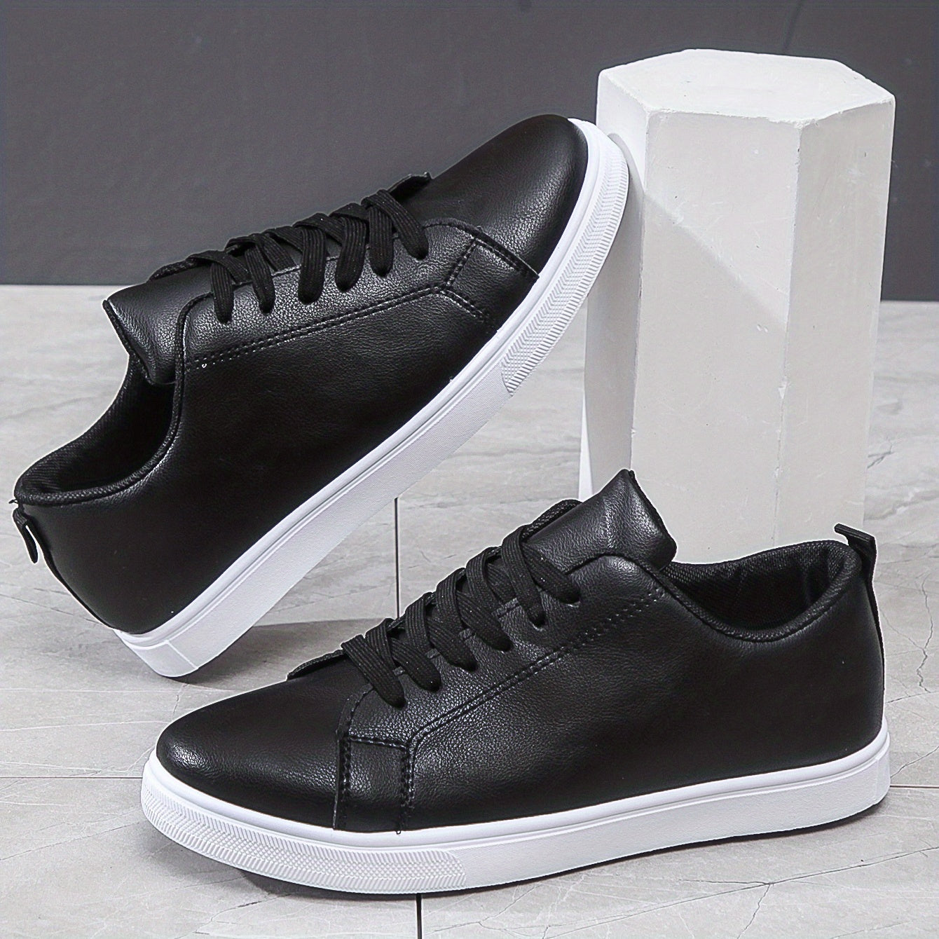 Breathable PU Leather Skate Shoes - Men's Lace-up Sneakers with Good Traction