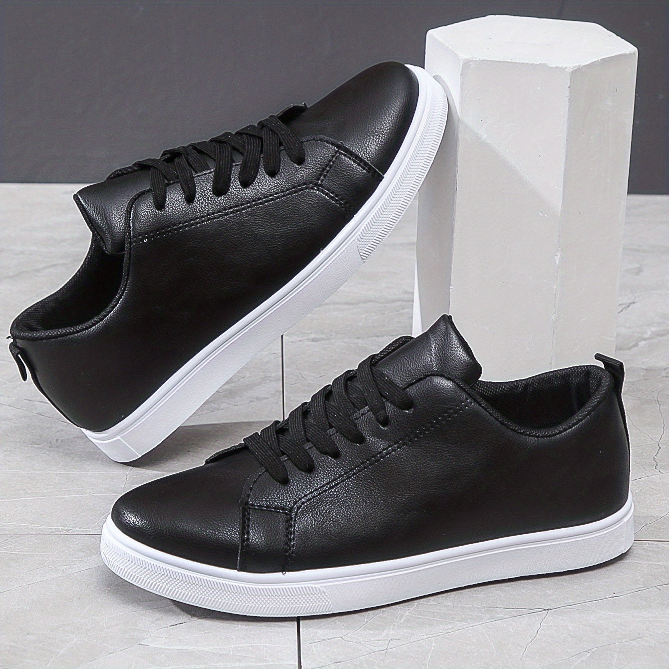 Breathable PU Leather Skate Shoes - Men's Lace-up Sneakers with Good Traction