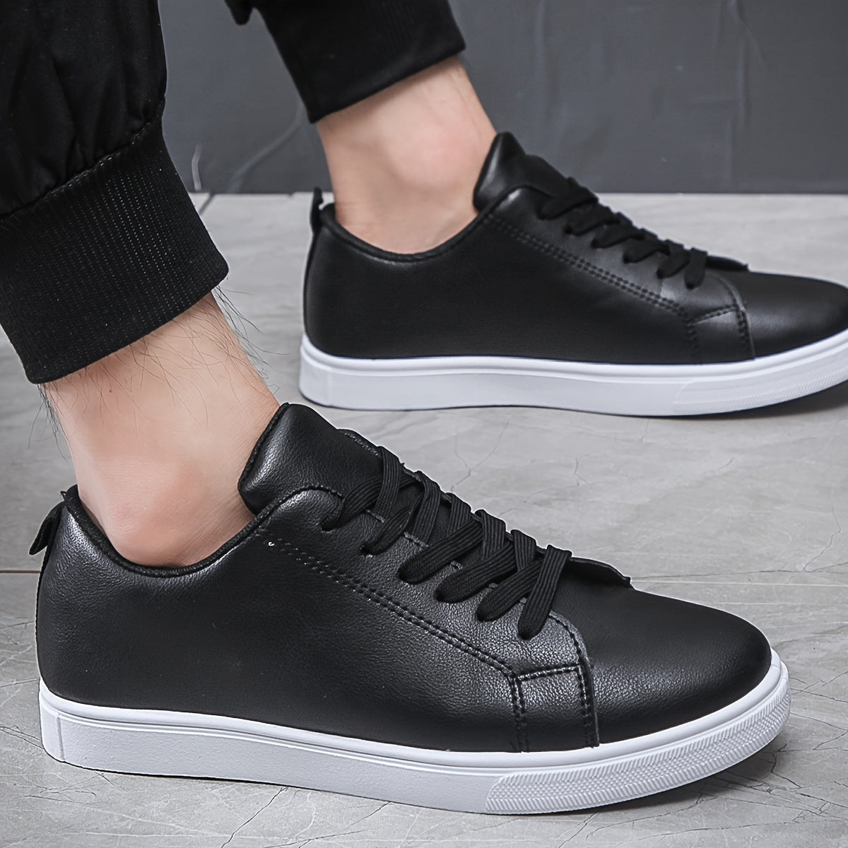 Breathable PU Leather Skate Shoes - Men's Lace-up Sneakers with Good Traction